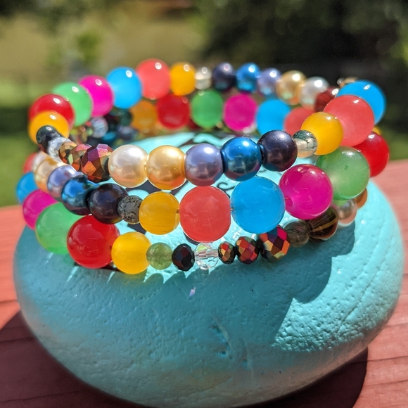 Jasper Beads Bracelet Colorful Rainbow Handmade Memory Wire Jewelry Bright Color - Picture 1 of 11